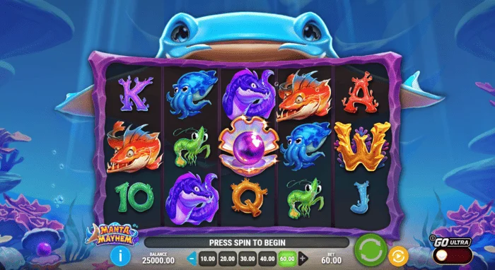 Manta Mayhem - Skrini ya mchezo ikiwa na reli na stingray